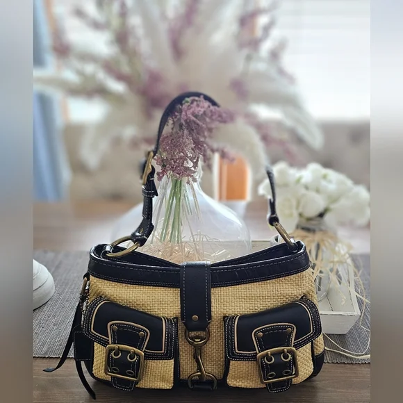 Vintage Coach Legacy Leather Trimmed Manufactured Straw Hobo Shoulder Bag - Picture 11 of 16